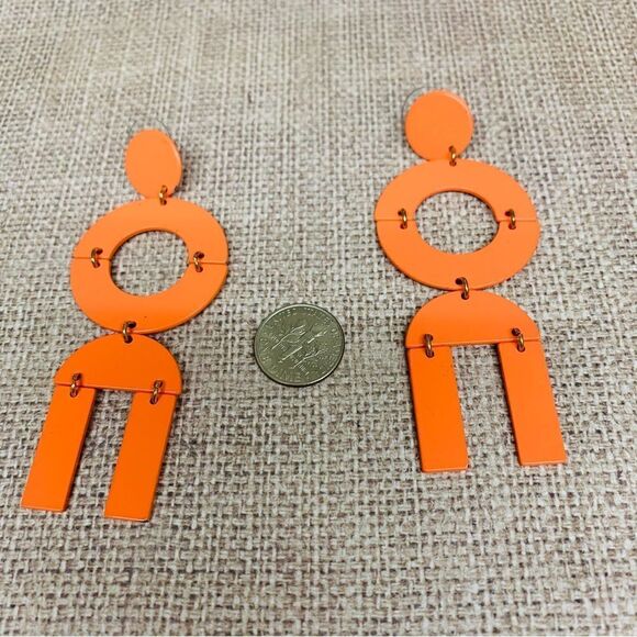 Neon Orange Geometric Dangle Earrings - Picture 1 of 2
